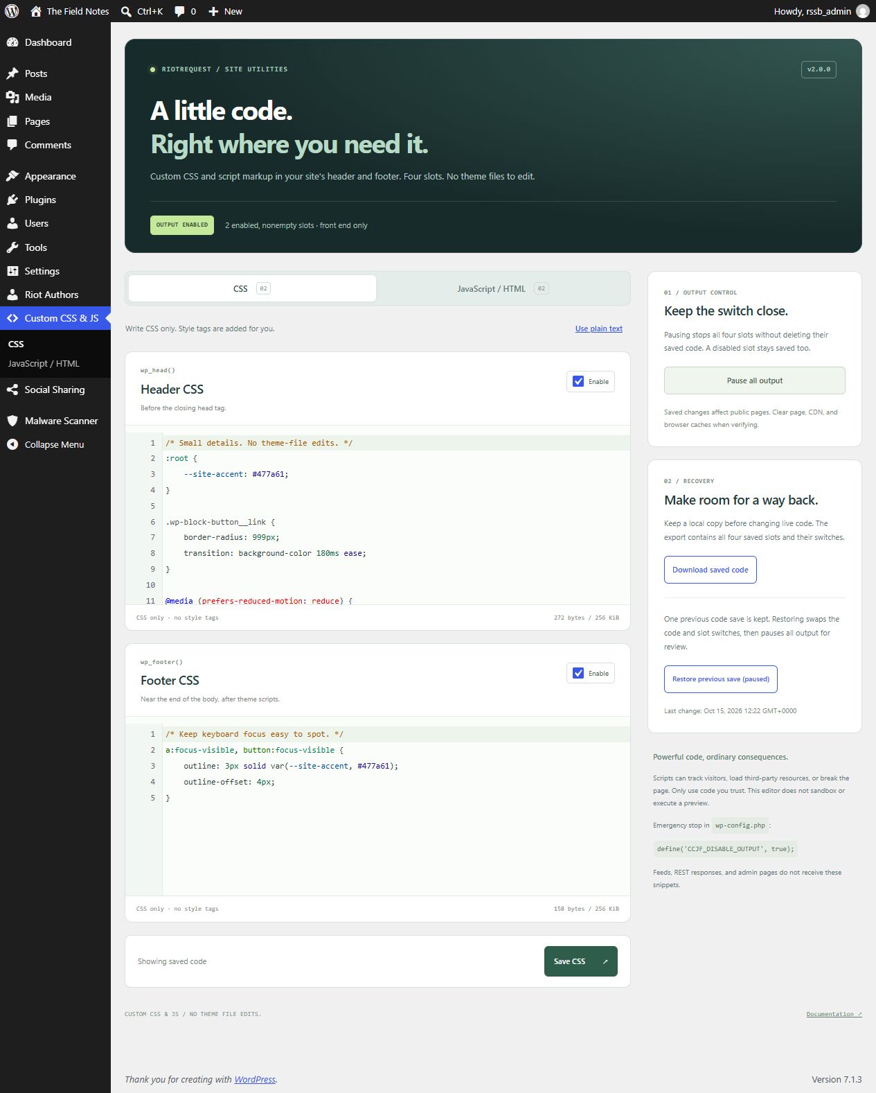 The CSS editor with native WordPress syntax highlighting, output switches, and recovery controls