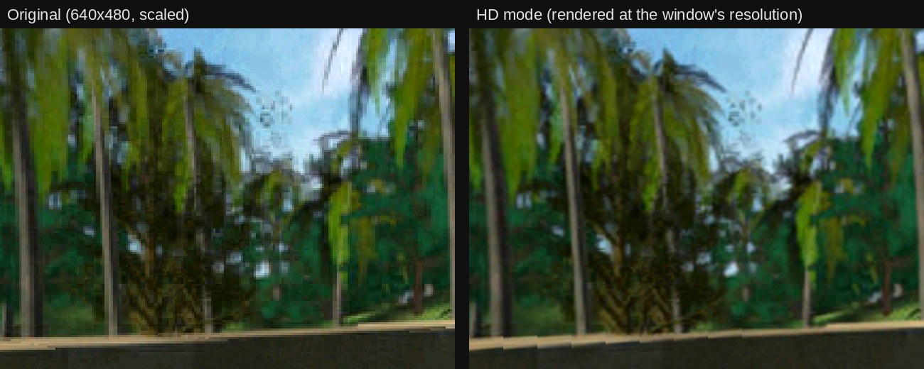 The same view in the original's 640x480 and in the HD mode