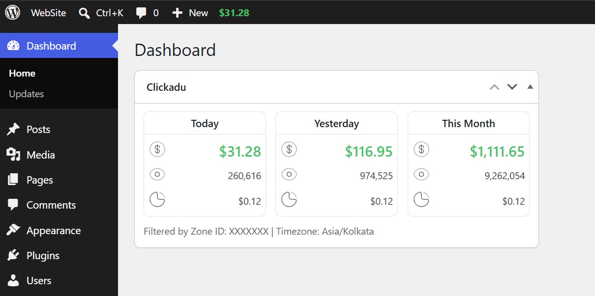 ClickAdu WordPress Dashboard