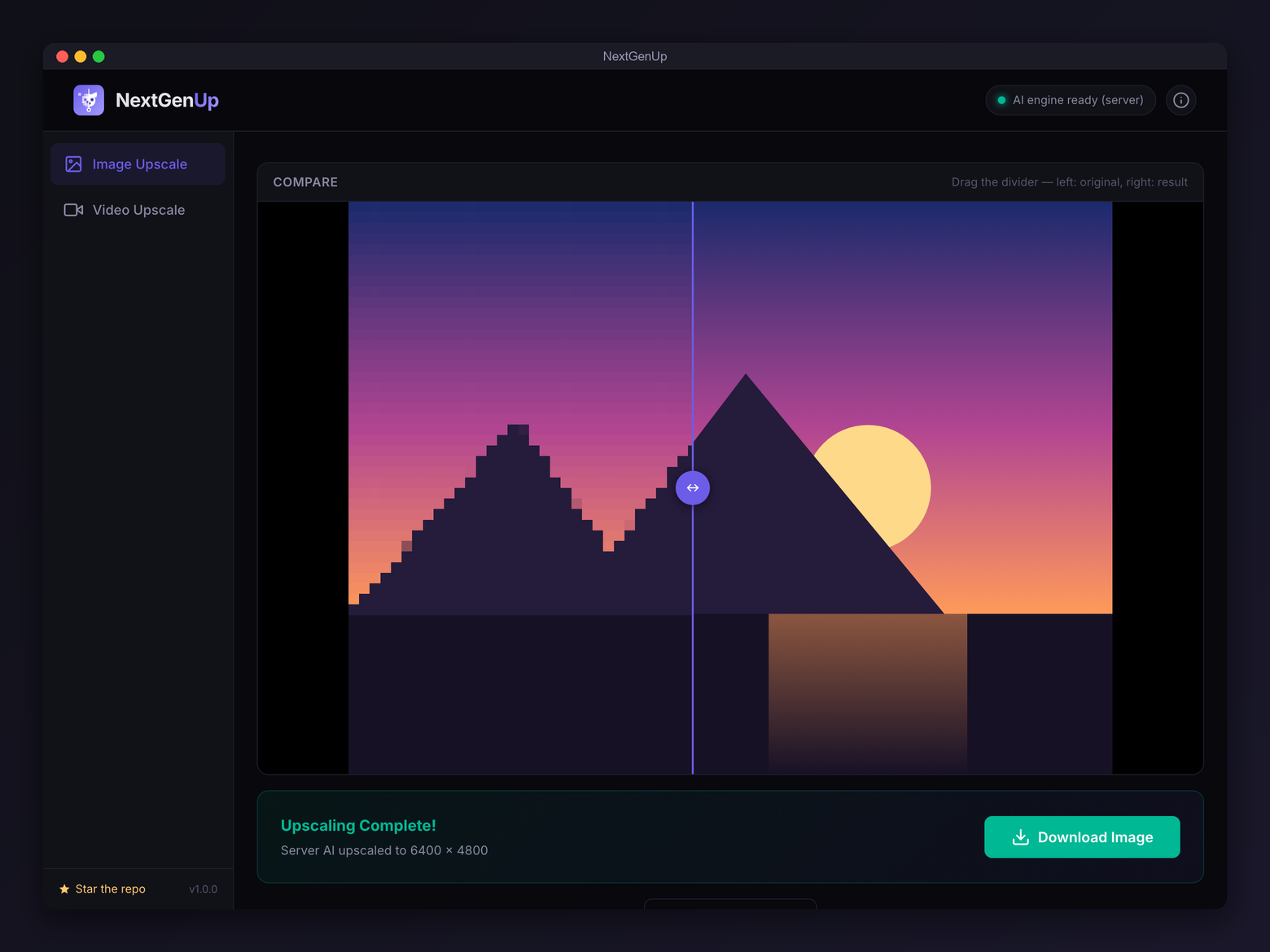 Before/after comparison slider — pixelated original on the left, AI-upscaled result on the right