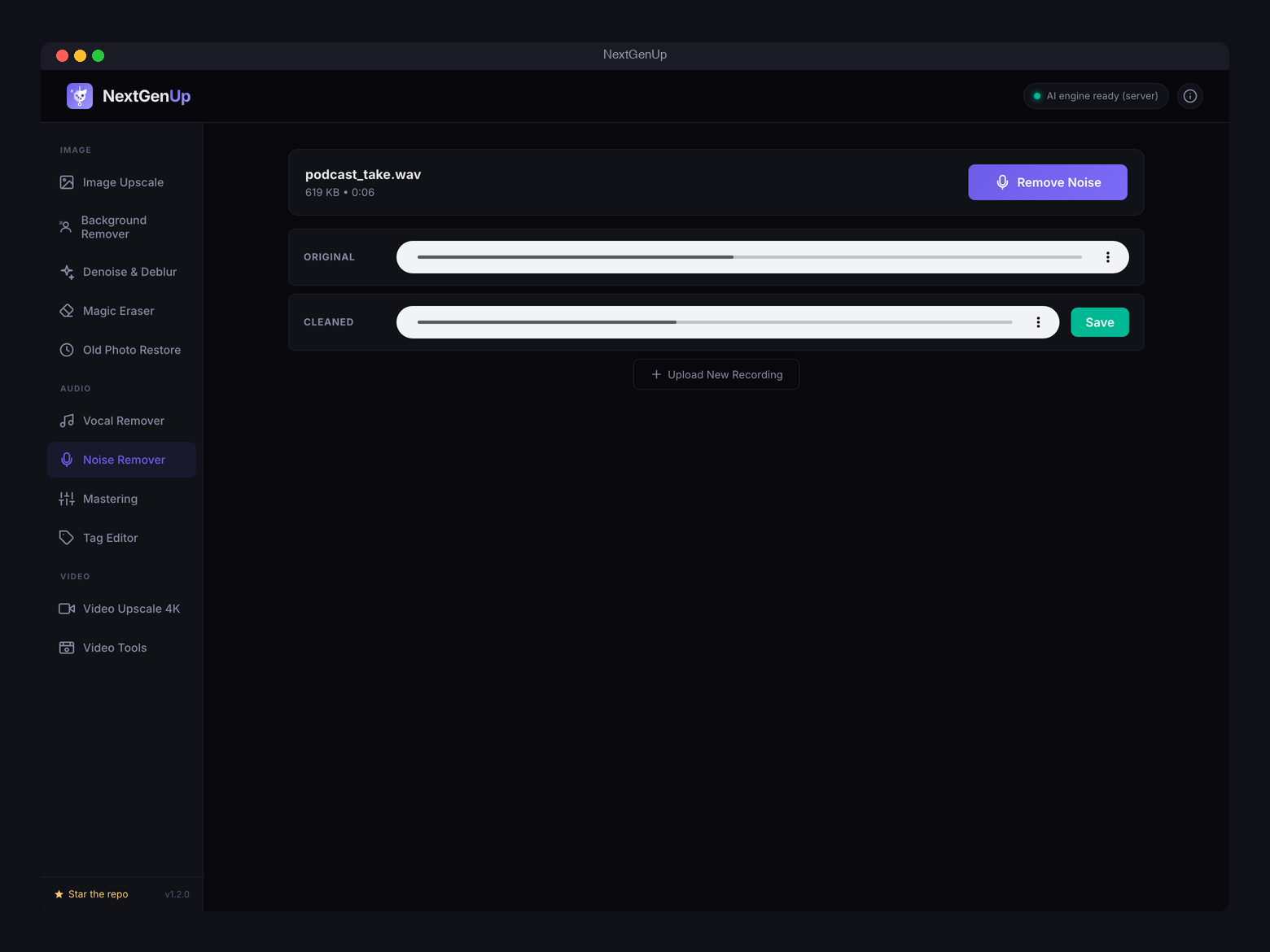 Audio noise remover: before and after players for a noisy recording
