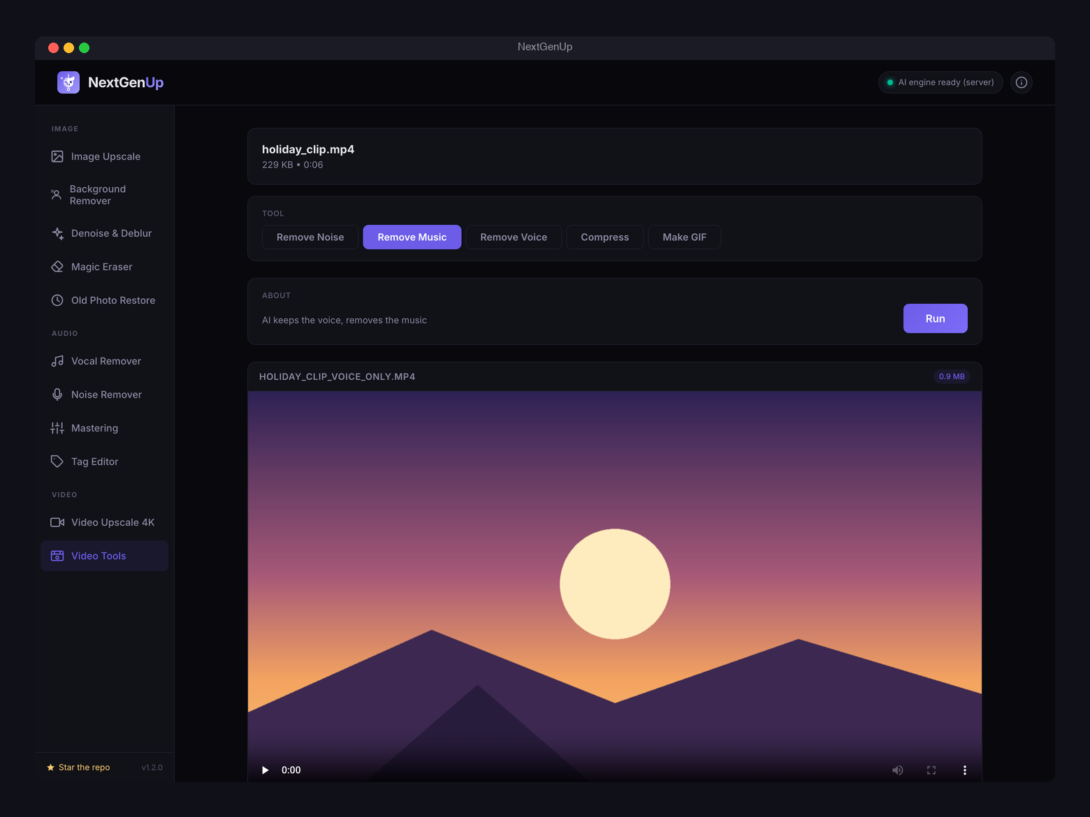 Video tools: remove music or noise from a video's audio, compress to a target size, make a GIF