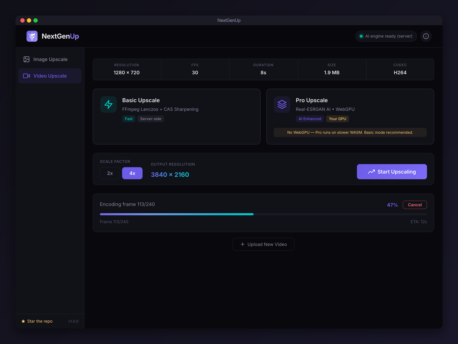 Video upscaling to 4K with live progress and cancel