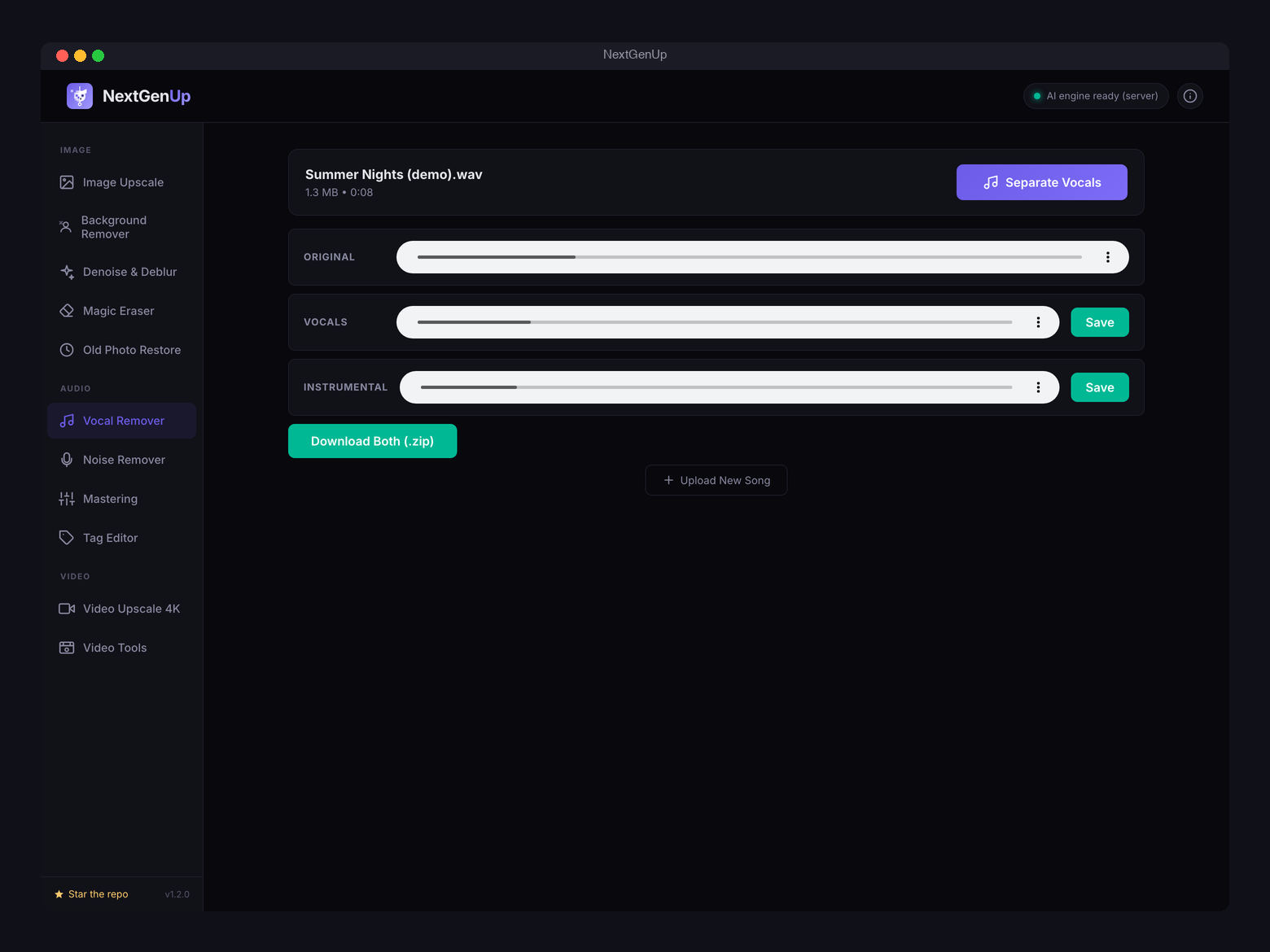 AI vocal remover: song split into vocals and instrumental stems, with original preview