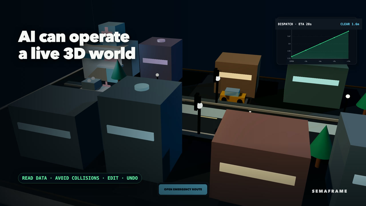 Watch SemaFrame coordinate an editable miniature-city emergency route