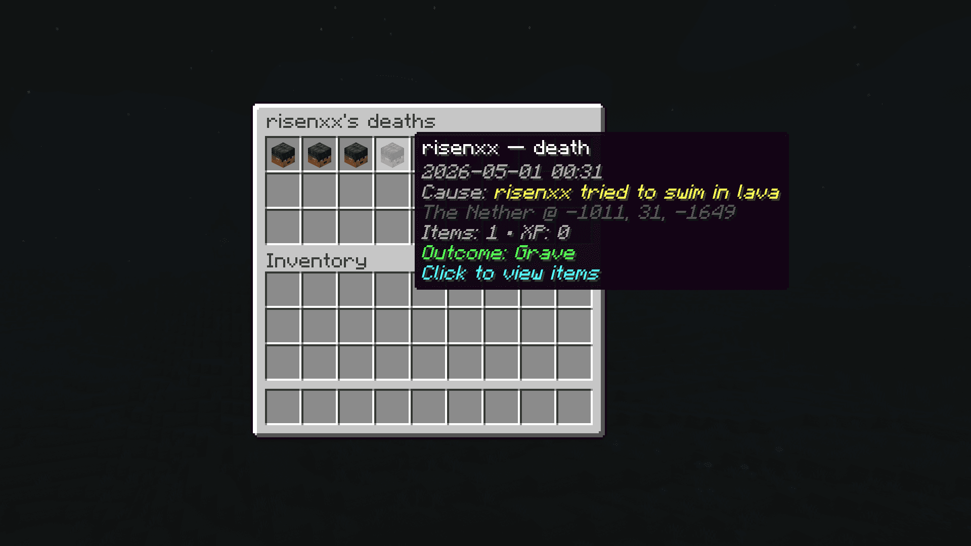 /grave history menu showing past death cards