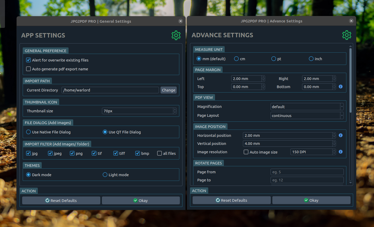JPEG2PDF app settings and advanced PDF settings — measure units, page margins, image position, DPI and page rotation