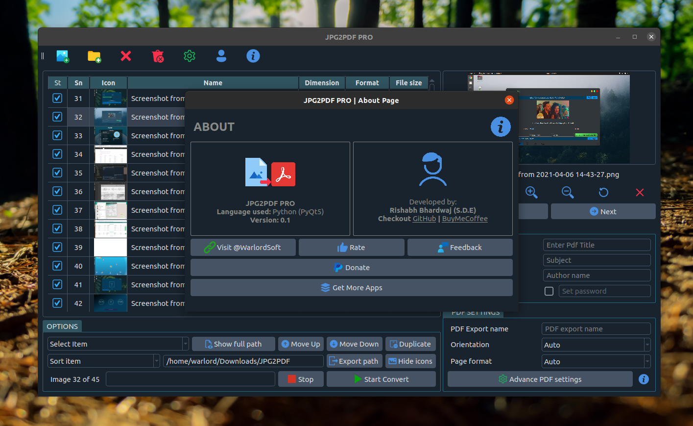 JPEG2PDF about dialog showing version and project links