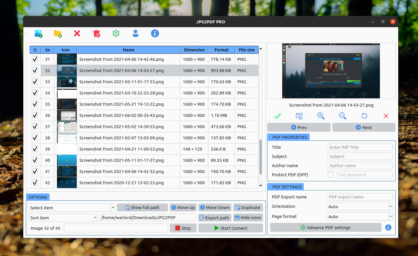 JPEG2PDF main window in light theme showing the same batch conversion queue