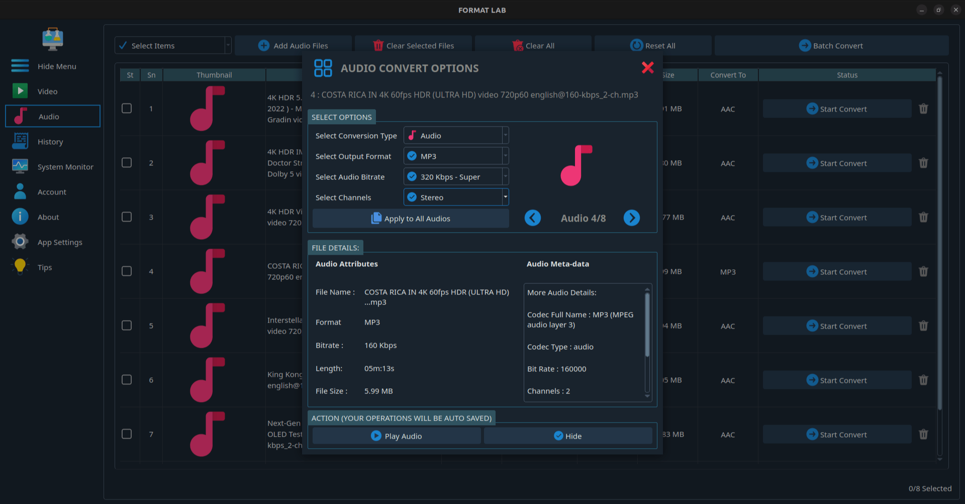 FormatLab audio conversion settings β MP3, FLAC, WAV bitrate and channels