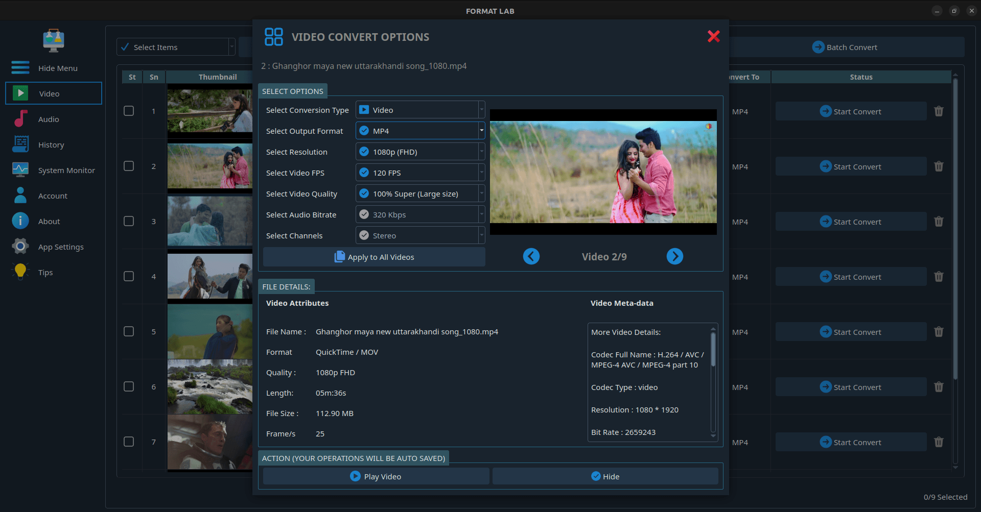 FormatLab video conversion settings β codec, resolution, bitrate and frame rate