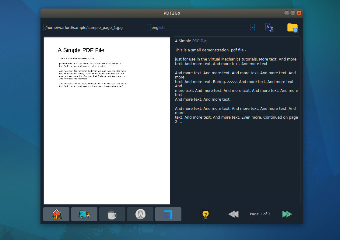 PDF2OCR extracting text from a local image file with the output language selector and page navigation