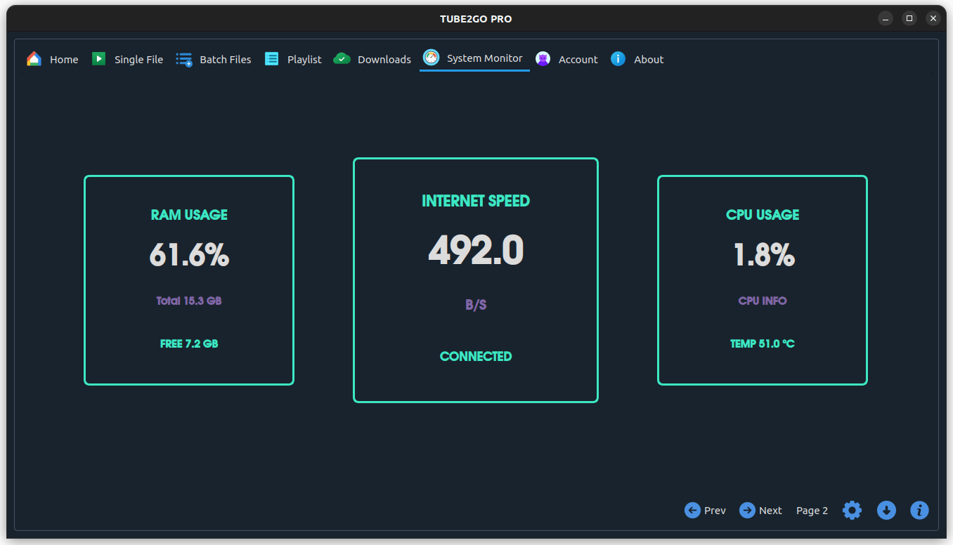 TUBE2GO built-in system monitor showing RAM usage, internet speed and CPU usage with temperature