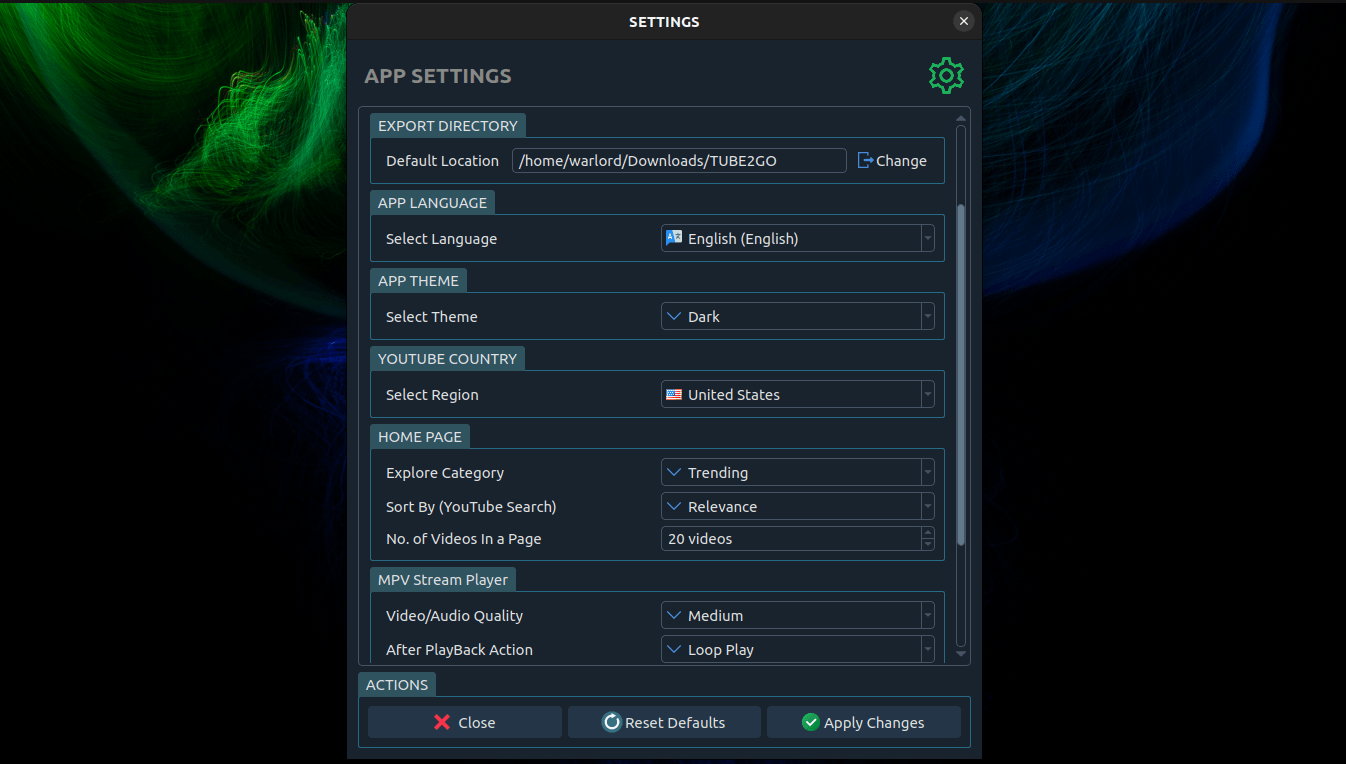 TUBE2GO application settings and download preferences