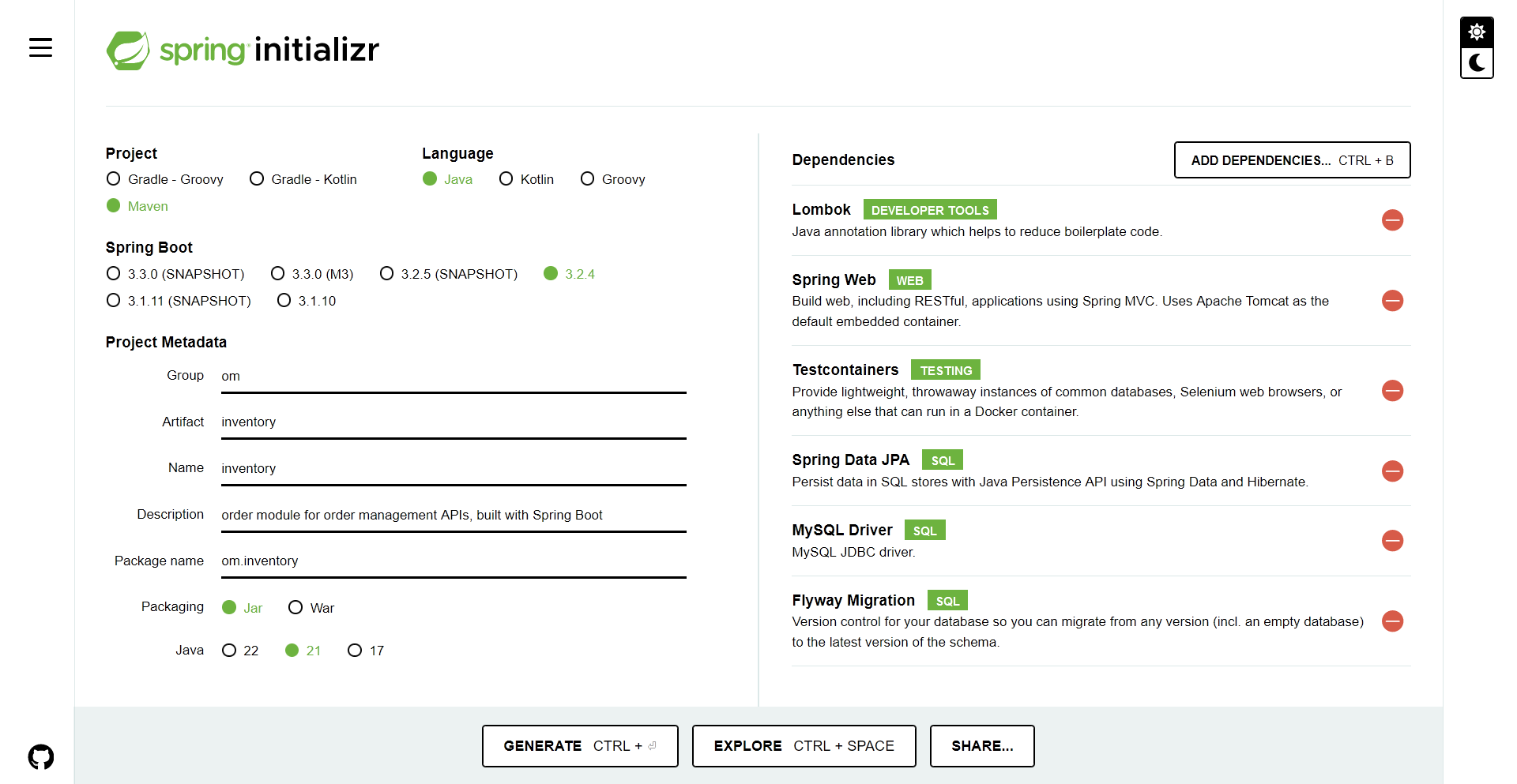 Spring Boot project dependencies