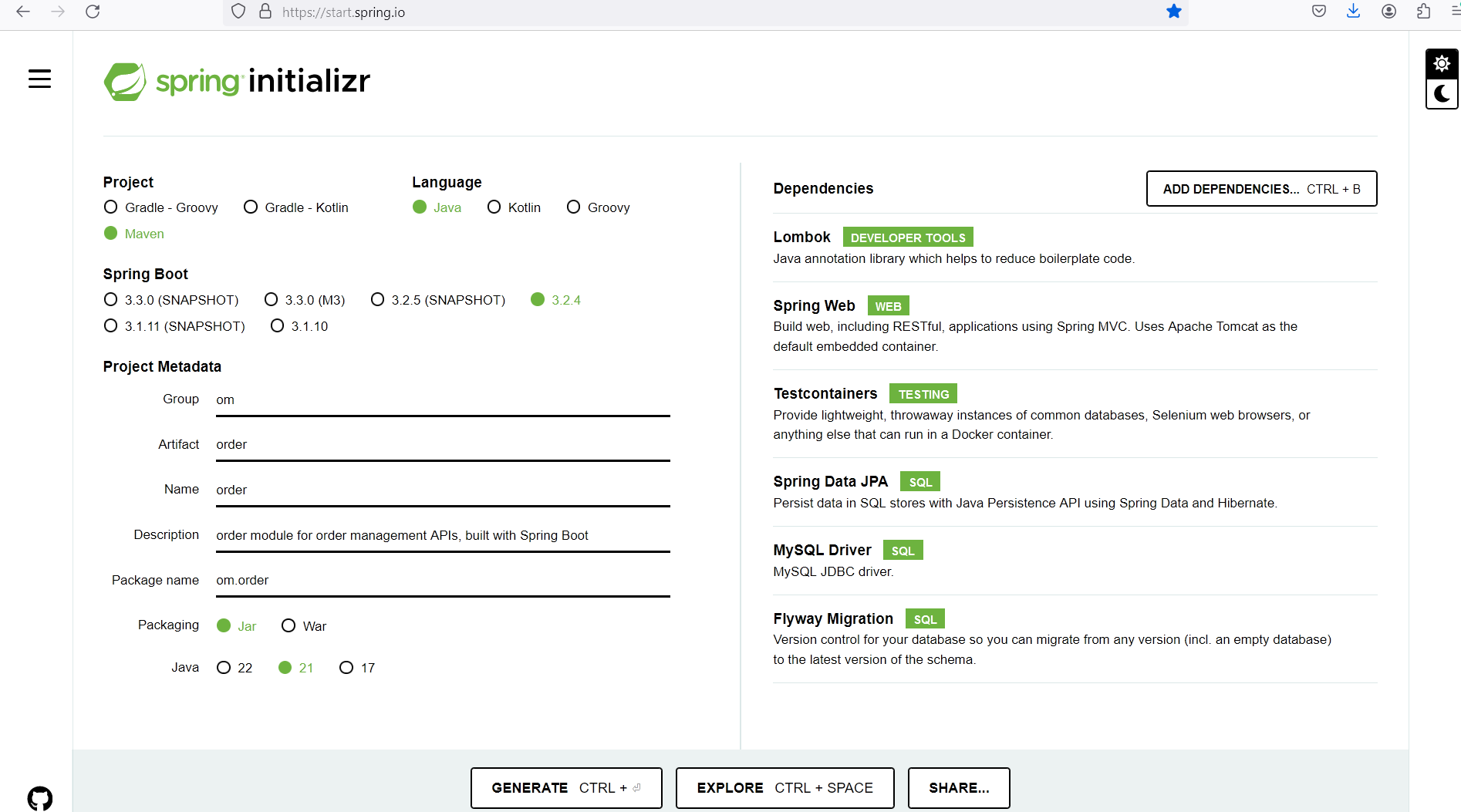 Spring Boot project dependencies