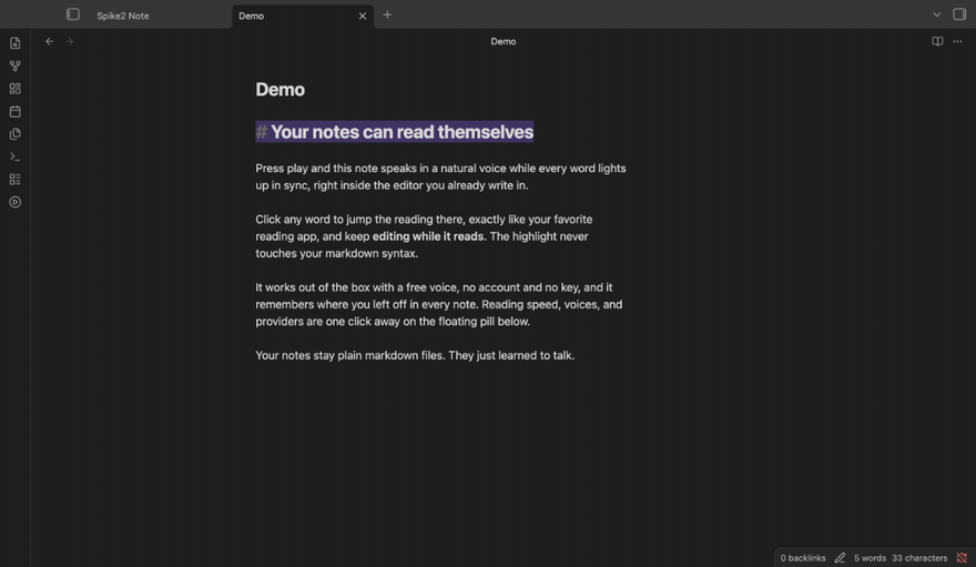 Speaking Editor reading a note aloud with word-by-word highlighting and click-to-jump