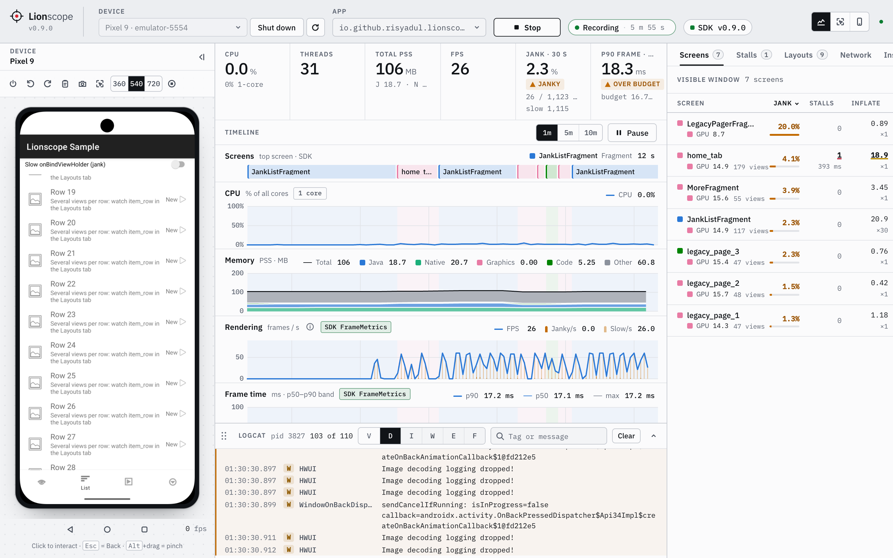 Lionscope dashboard profiling the sample app: the emulator's screen in the Device column on the left, the screens lane, CPU, memory and rendering charts on one time axis with logcat below, and the Screens tab on the right