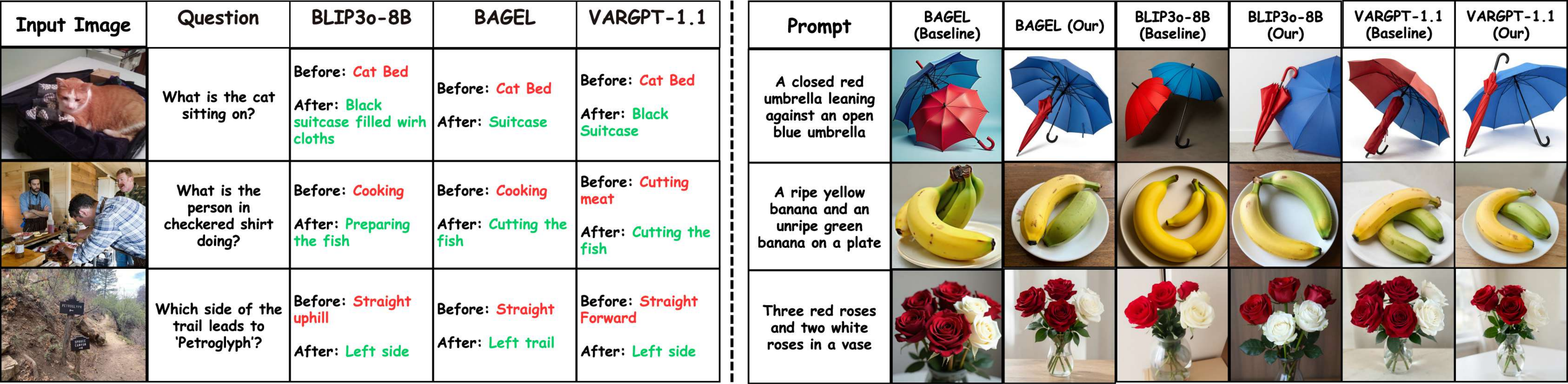 Qualitative before and after examples for visual understanding and image generation