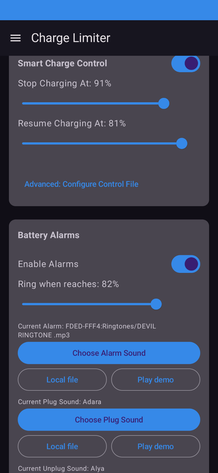 PowerGyan charge limiter and alarms
