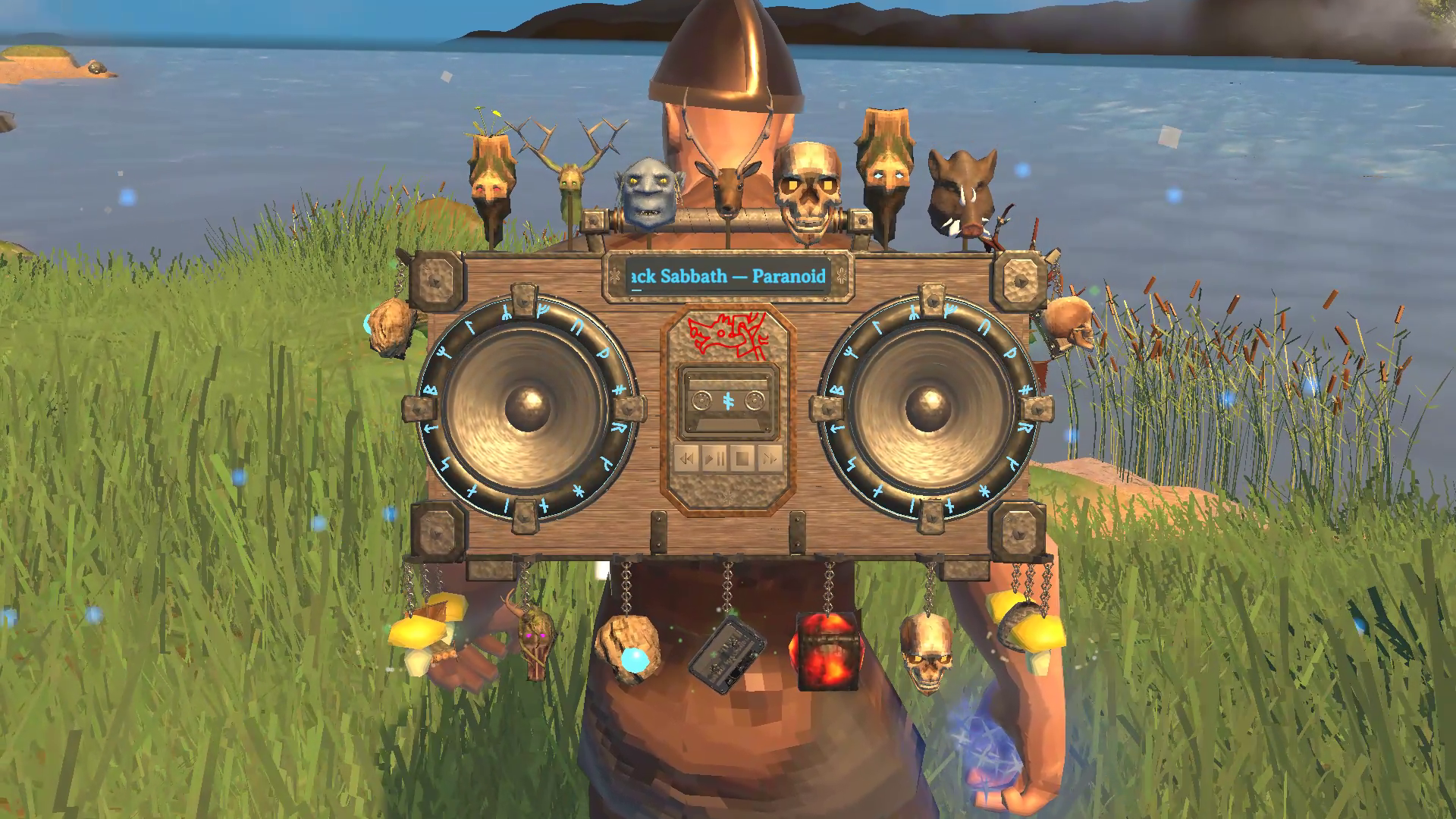 A playing boombox with trophy heads, pendants, glowing mushrooms, and runes