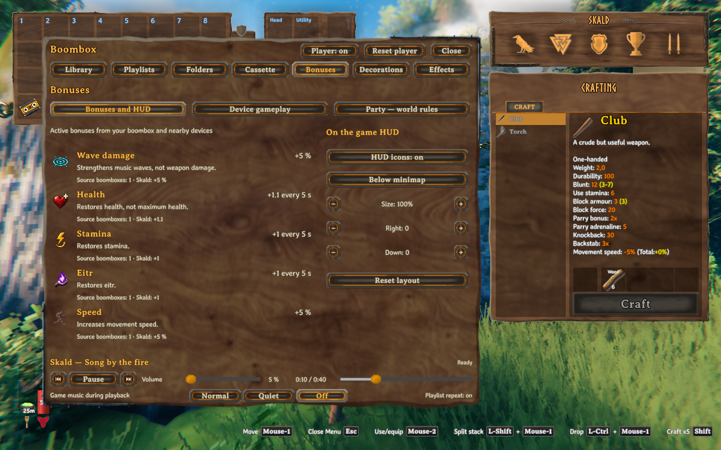 Active bonus amounts, source contributions, and HUD placement controls