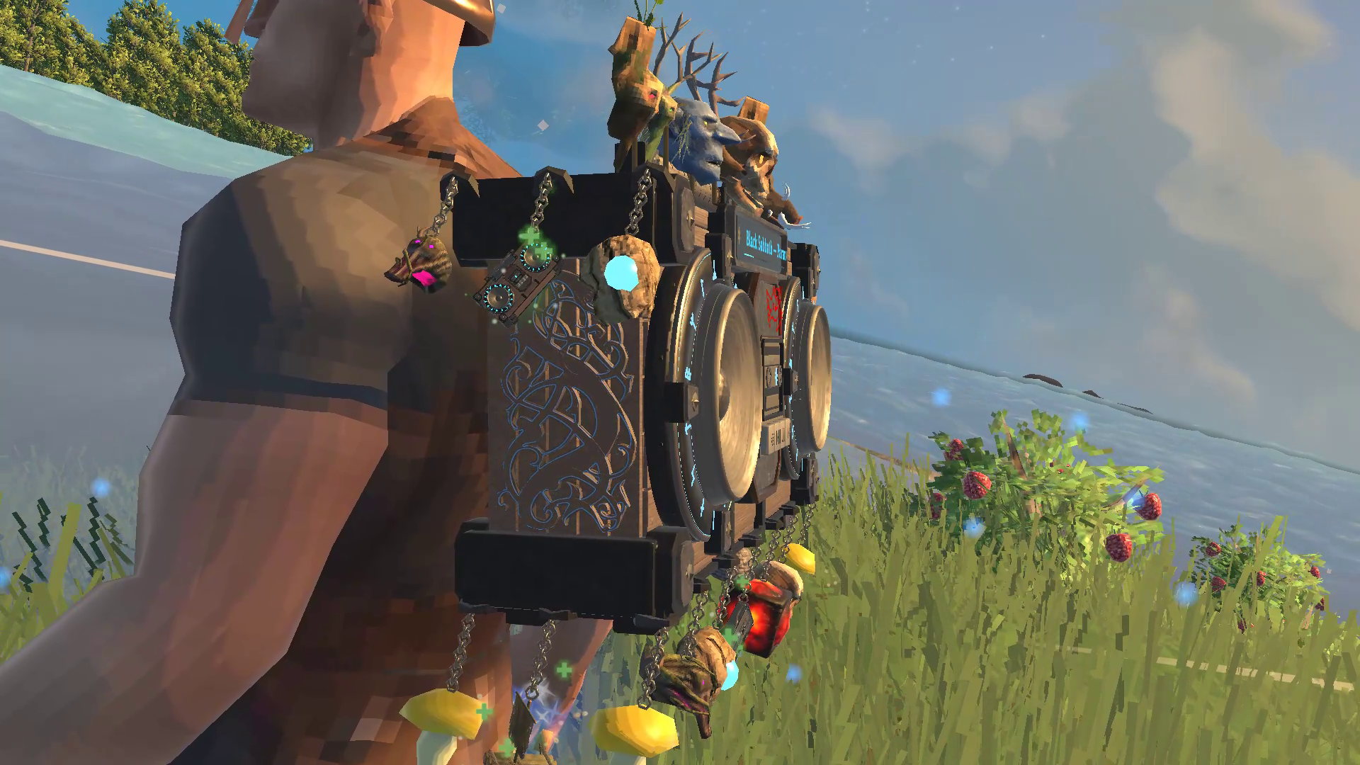 Carved side panel, chains, trophy heads, and a miniature boombox