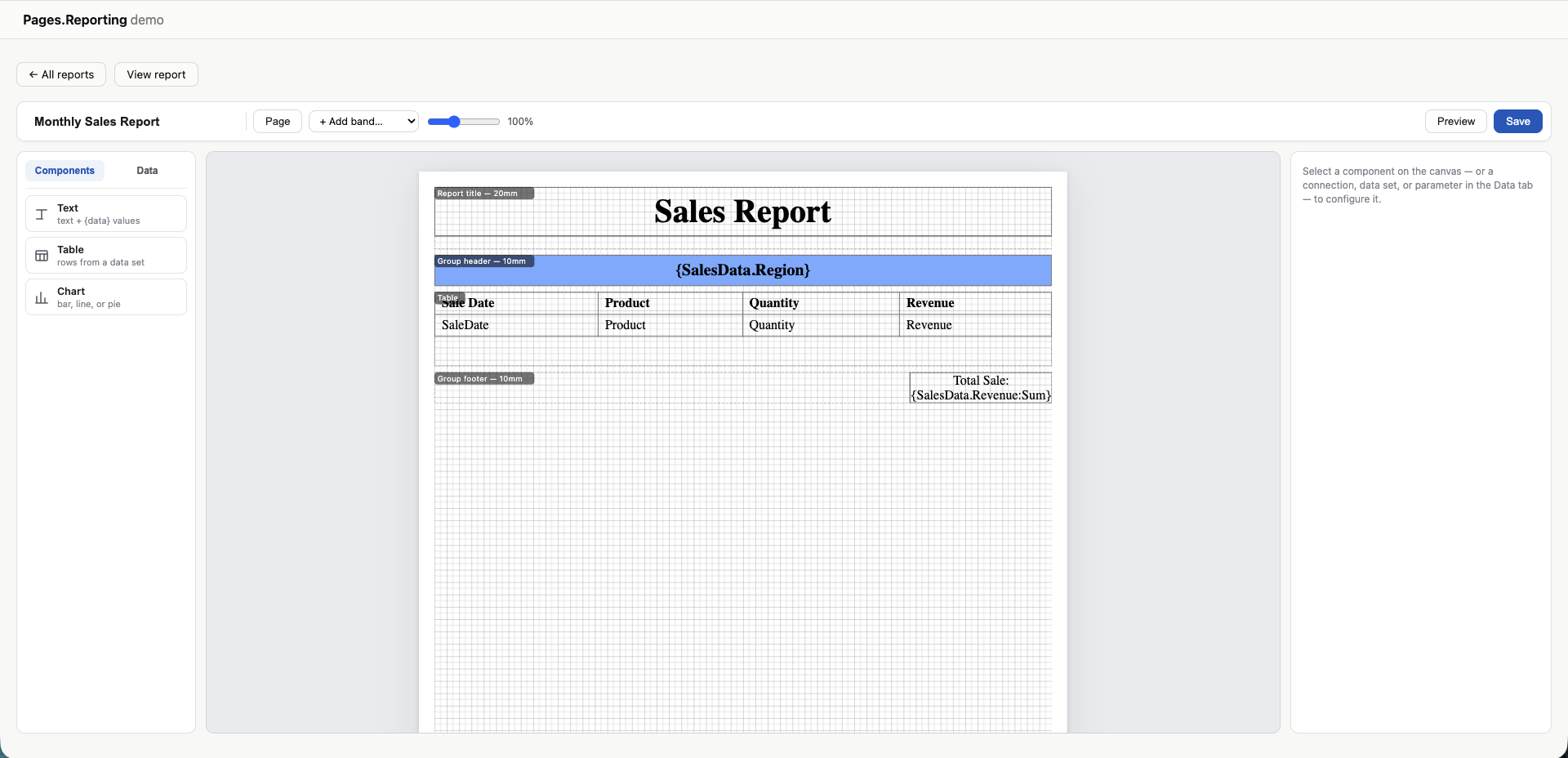 The report designer, showing the component palette, a banded canvas and the properties panel