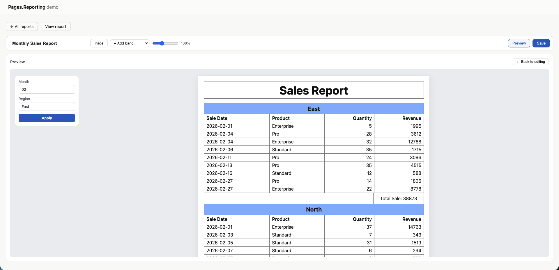 The designer preview, with Month and Region parameter inputs beside the rendered report