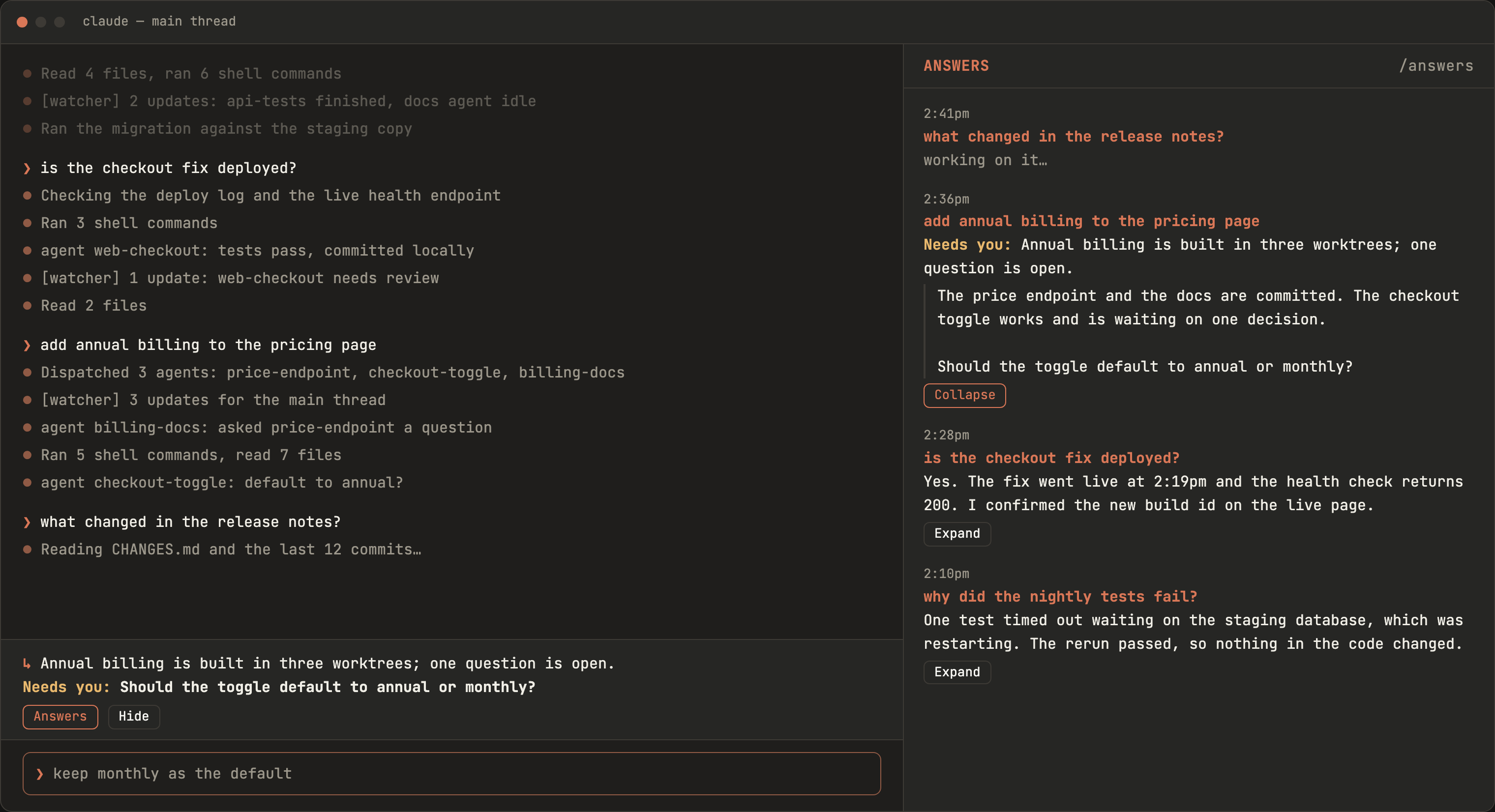 Mockup: a busy main thread on the left, the band above the prompt, and the Answers pane on the right