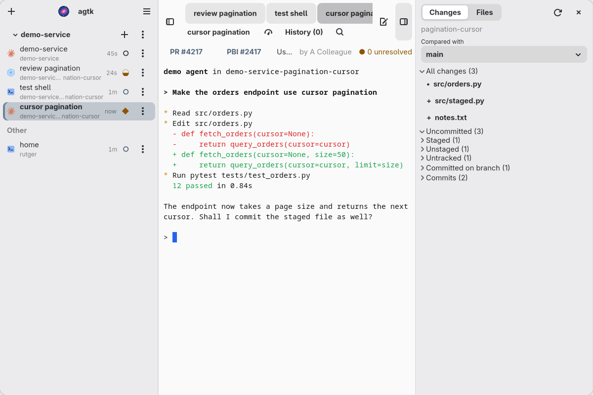 agtk with an agent session and the Changes sidebar