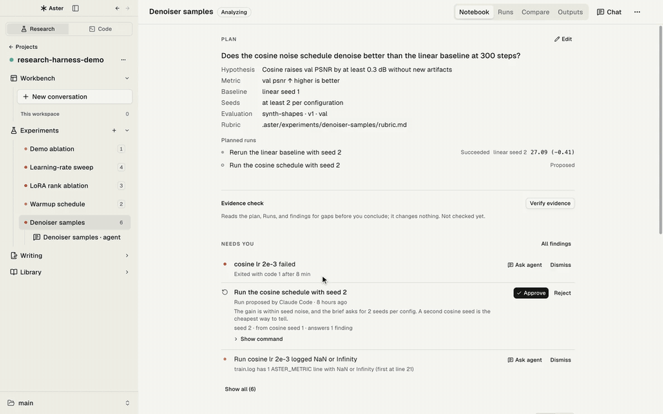 Moving from the notebook to Runs and Compare, with validation curves and a tooltip across three Runs