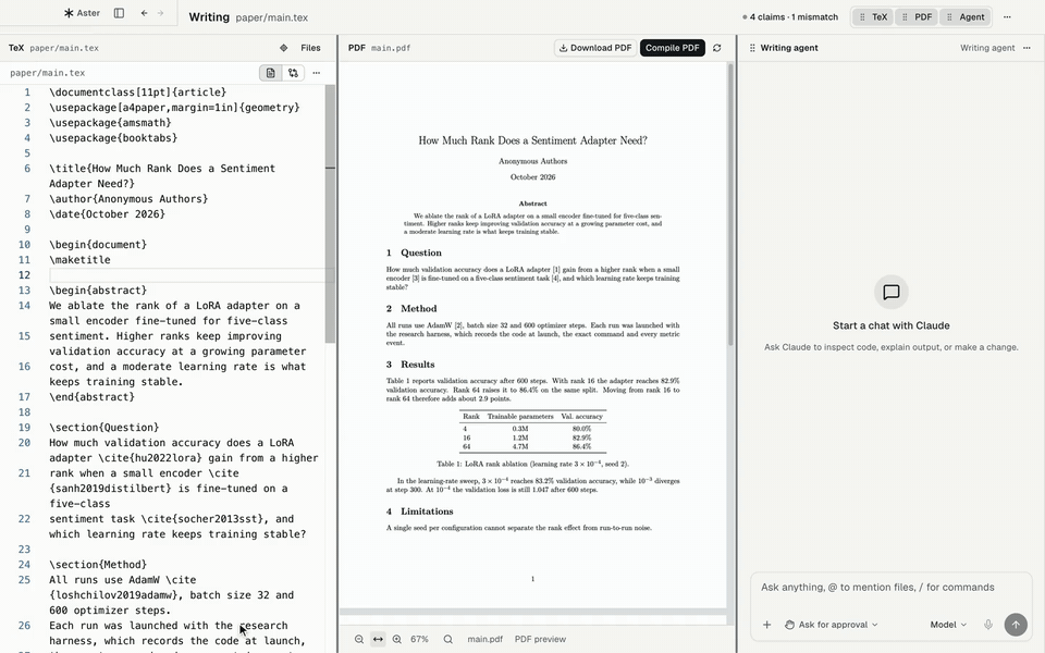 Selecting the abstract in the TeX source, asking the Writing agent to lead with the result, the agent editing those lines, and Compile PDF showing the new abstract