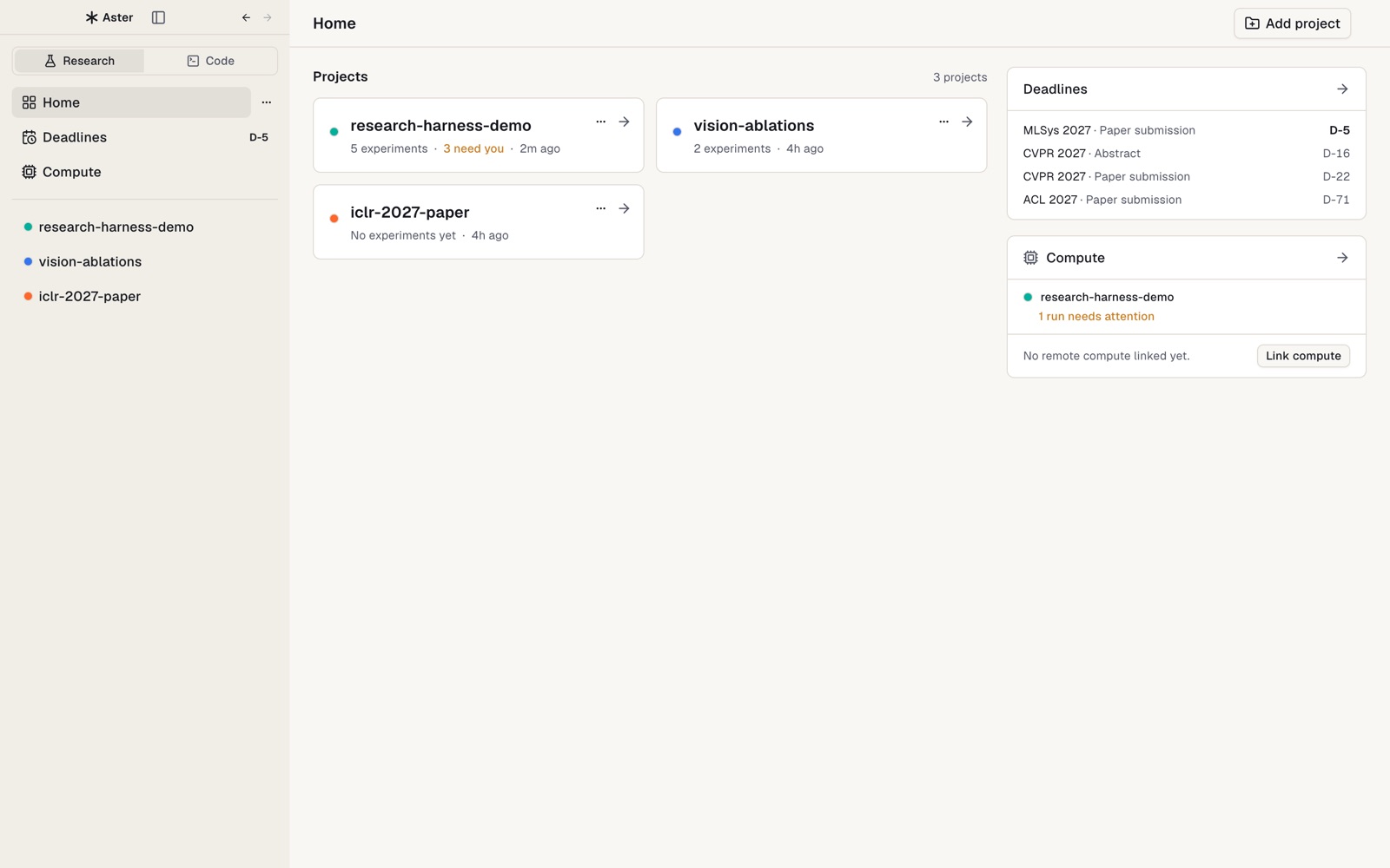 Aster home with projects, deadlines, and compute