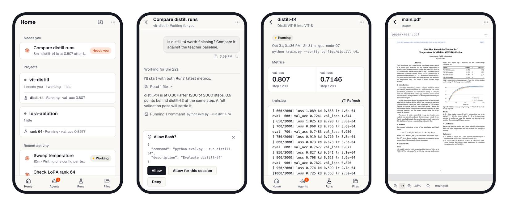 Aster on a phone: Home with a chat that needs you, a chat asking to approve a command, a Run's metrics and log, and a paper PDF open from Files