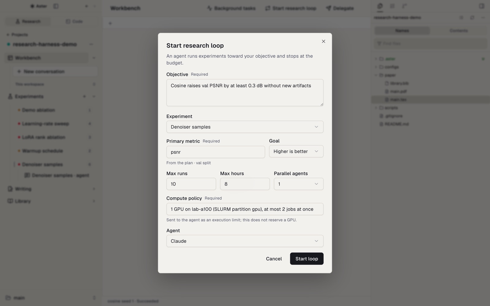Start research loop dialog with objective, metric, and budget