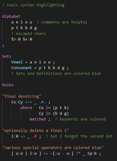 Example of twolc syntax highlighting