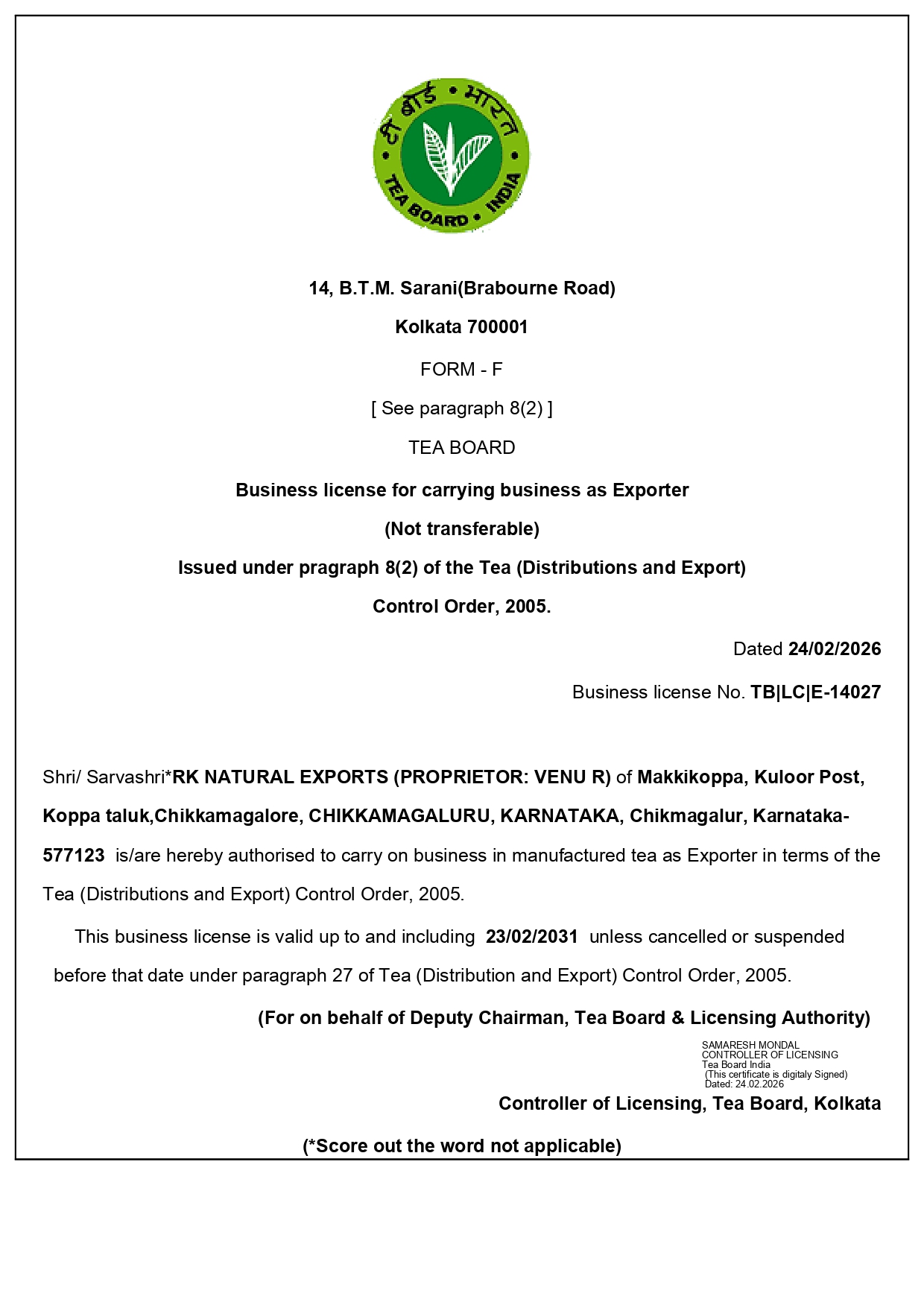 Tea Board License Certificate