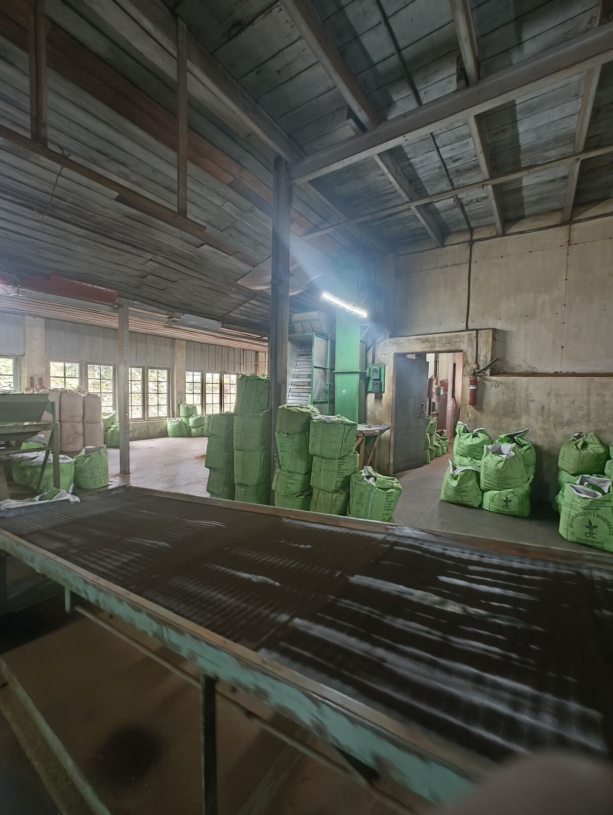 Tea factory warehouse with green export bags