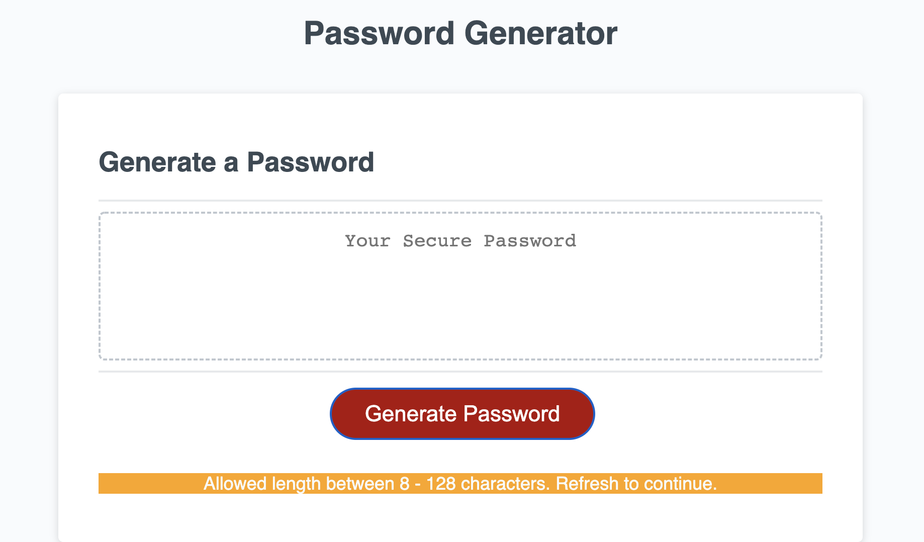 The Password Generator displays an error.