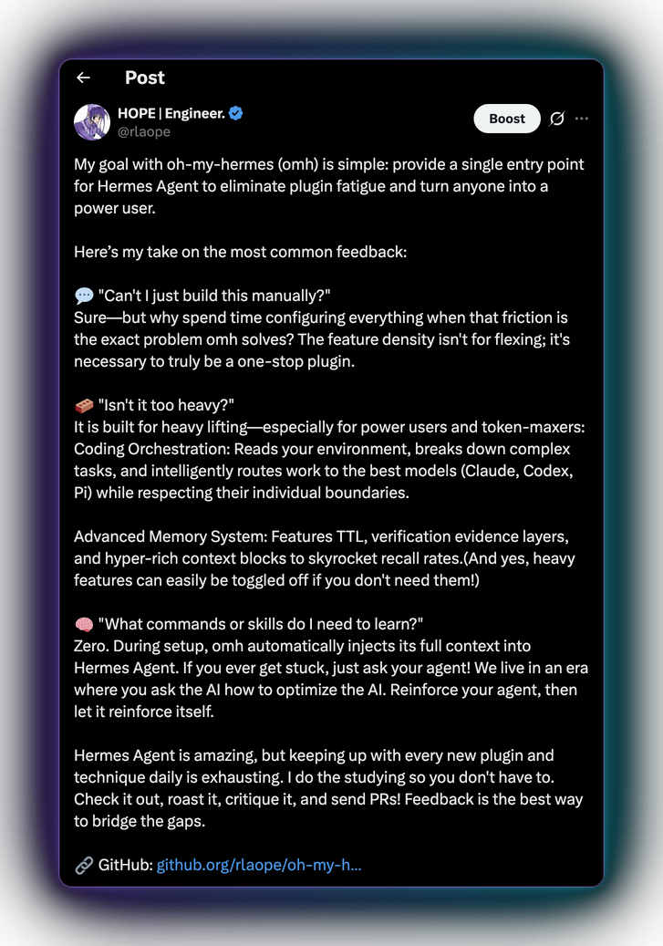 Post from @rlaope: the goal of oh-my-hermes is a single entry point for Hermes Agent that eliminates plugin fatigue and turns anyone into a power user