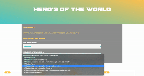 once you filled out the form and click 'Create', your hero will be displayed at the bottom of the page!