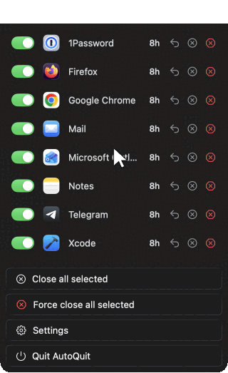 AutoQuit menu bar list counting apps down
