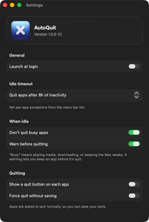 AutoQuit settings window