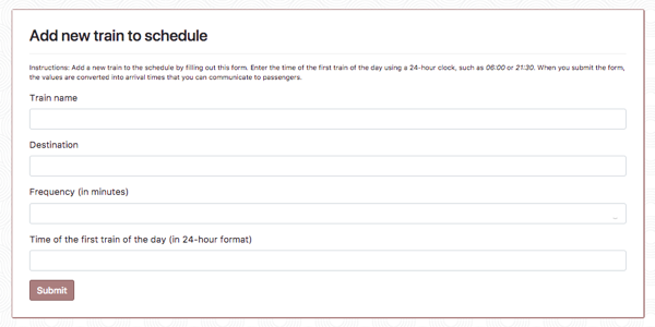 Screenshot of form to add trains to the schedule