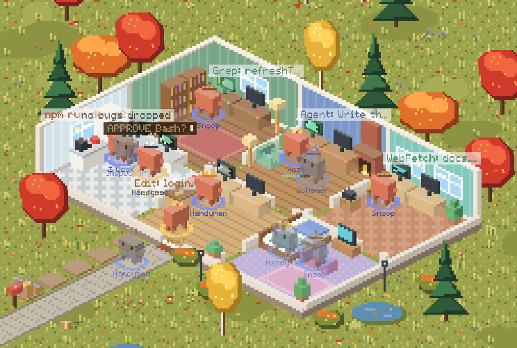 Clawds working, napping and chatting in a cozy isometric pixel house in an autumn garden