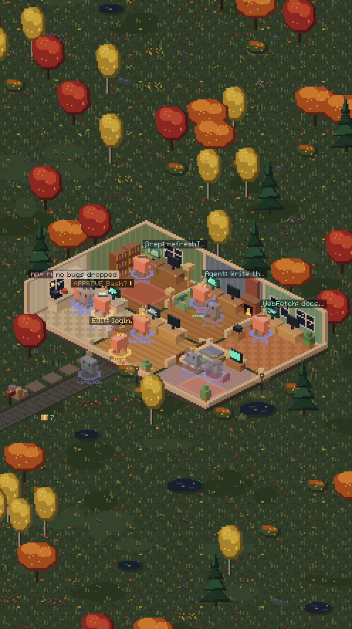 The house at night in a tall docked pane, centred in an autumn garden of copses, ponds and flower beds