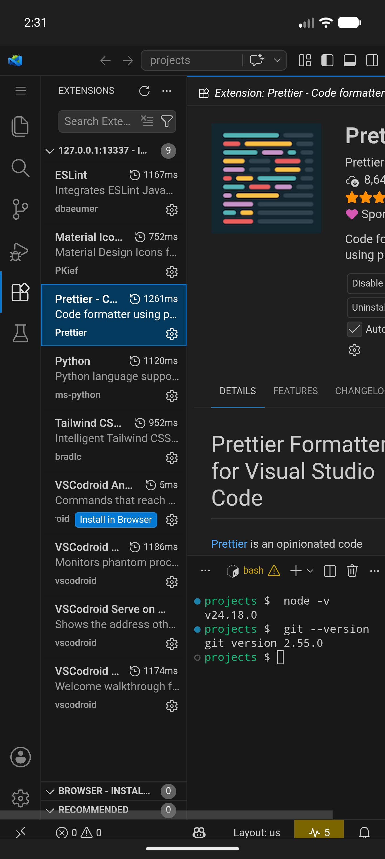 Extensions view with the bundled extensions installed