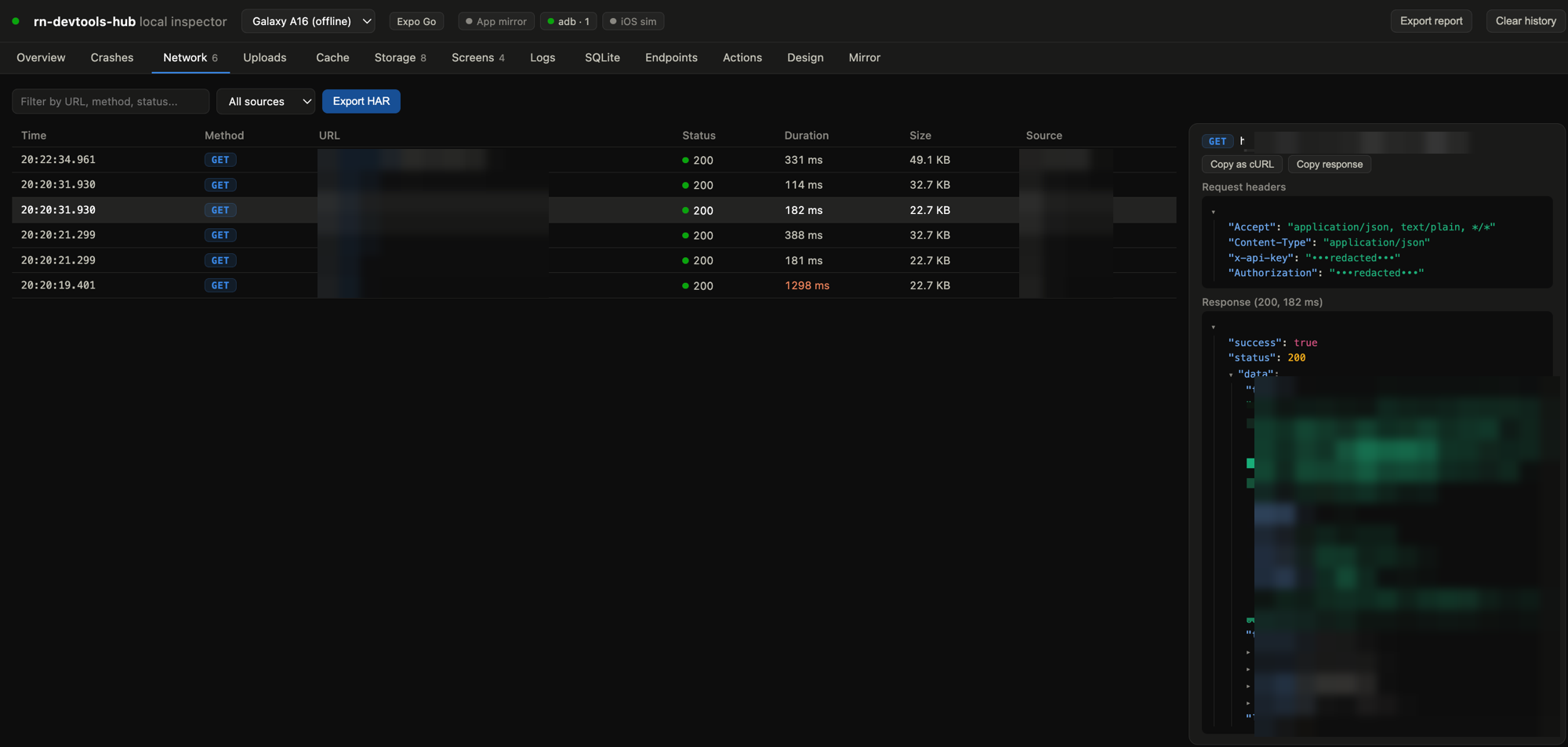 Network panel: request list with colored methods and a foldable JSON response
