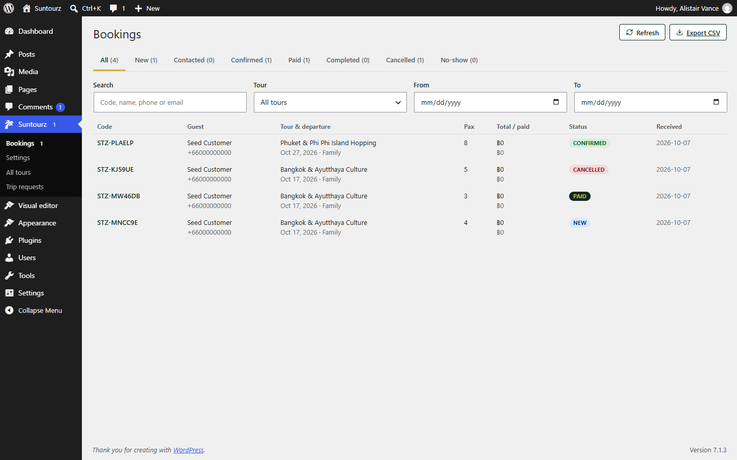Suntourz Core — bookings screen